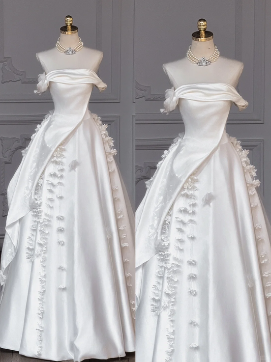 Modest Wedding Dress Ball Gown Off The Shoulder Floral Satin Long Wedding Dresses Brides Dress Bridal Gowns DP2013