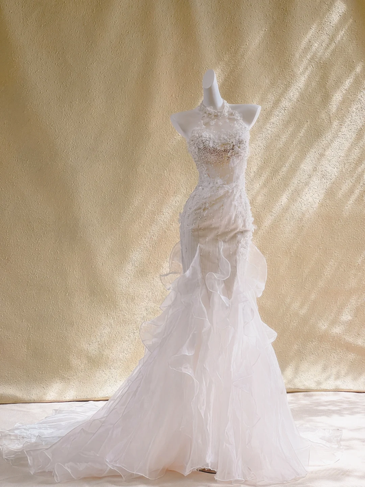 Rustic Wedding Dress Mermaid High Neck White Lace Tulle Long Wedding Dresses Bridal Gowns DP2019