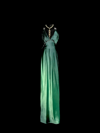 Vintage Mermaid Halter Green Satin Backless Long Evening Party Gowns Evening Formal Dresses Prom Dress DP2030
