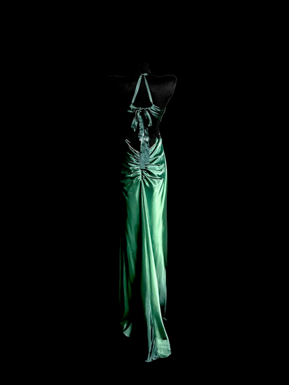 Vintage Mermaid Halter Green Satin Backless Long Evening Party Gowns Evening Formal Dresses Prom Dress DP2030