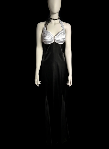 Vintage Mermaid Halter Black Satin Long Evening Party Gowns Evening Formal Dresses Prom Dress DP2032