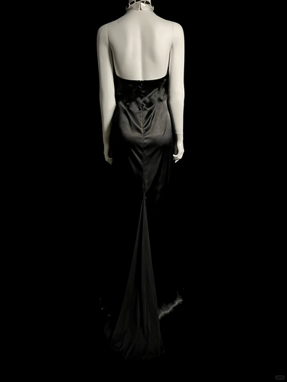 Vintage Mermaid Halter Black Satin Long Evening Party Gowns Evening Formal Dresses Prom Dress DP2032