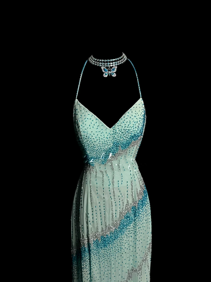 Vintage Mermaid Spaghetti Straps Backless Beads Long Evening Party Gowns Evening Formal Dresses Prom Dress DP2033