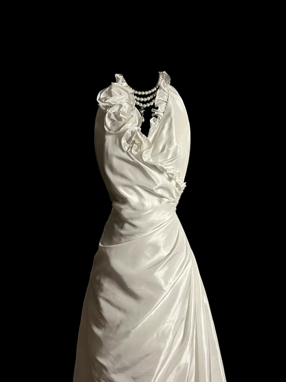 Vintage Wedding Dress A line Halter White Satin Long Wedding Dresses Bridal Gowns DP2035