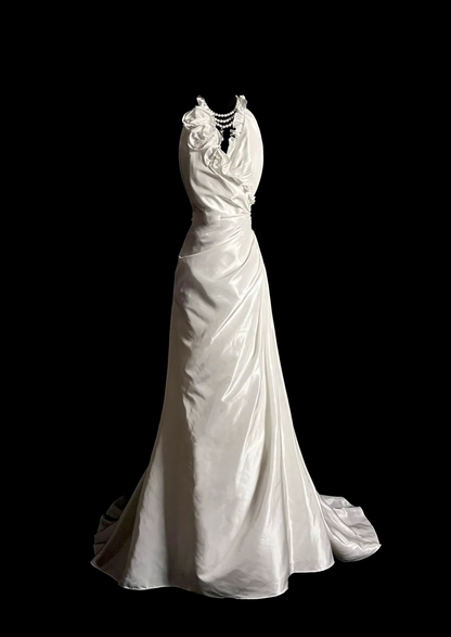 Vintage Wedding Dress A line Halter White Satin Long Wedding Dresses Bridal Gowns DP2035