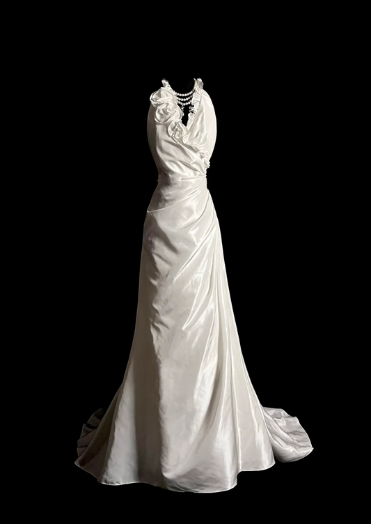 Vintage Wedding Dress A line Halter White Satin Long Wedding Dresses Bridal Gowns DP2035