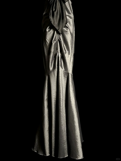 Vintage Mermaid Spaghetti Straps Satin Gray Long Evening Party Gowns Evening Formal Dresses Prom Dress DP2036