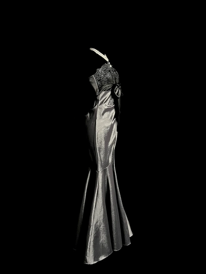 Vintage Mermaid Spaghetti Straps Satin Gray Long Evening Party Gowns Evening Formal Dresses Prom Dress DP2036