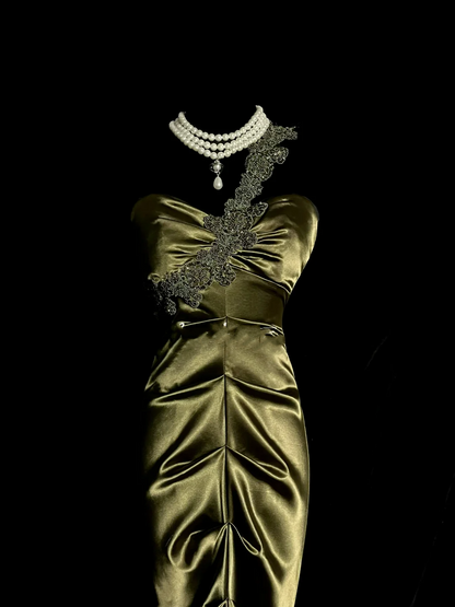 Vintage Mermaid One Shoulder Green Satin Long Evening Party Gowns Evening Formal Dresses Prom Dress DP2037