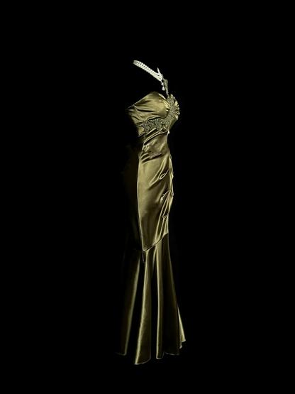 Vintage Mermaid One Shoulder Green Satin Long Evening Party Gowns Evening Formal Dresses Prom Dress DP2037