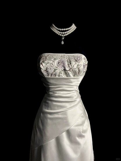 Vintage Wedding Dress A line Strapless White Satin Long Wedding Dresses Retro 1970s Bridal Gowns DP2039