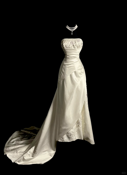 Vintage Wedding Dress A line Strapless White Satin Long Wedding Dresses Retro 1970s Bridal Gowns DP2039