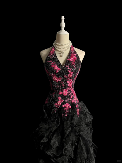 Vintage Ball Gown Halter Black Beaded Long Prom Dress Party Dress Graduation Dresses Evening Gowns DP2042