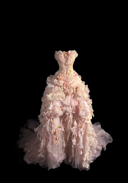 Modest Ball Gown Strapless Pink Chiffon Floral Long Prom Dress Party Dress Graduation Dresses Sweet 16 Dress DP2046