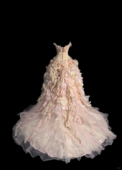 Modest Ball Gown Strapless Pink Chiffon Floral Long Prom Dress Party Dress Graduation Dresses Sweet 16 Dress DP2046