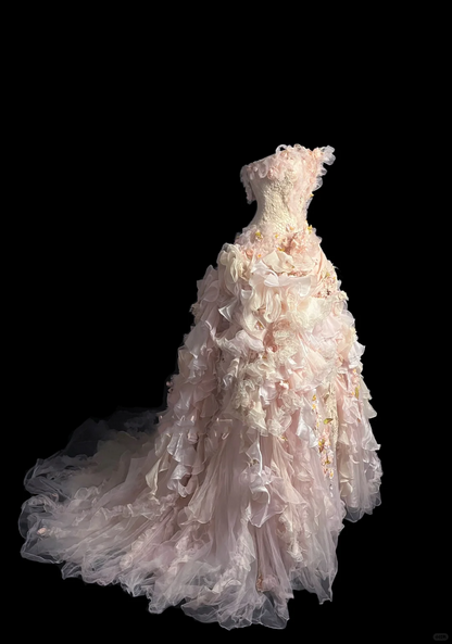 Modest Ball Gown Strapless Pink Chiffon Floral Long Prom Dress Party Dress Graduation Dresses Sweet 16 Dress DP2046