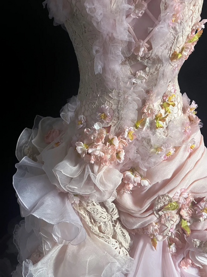 Modest Ball Gown Strapless Pink Chiffon Floral Long Prom Dress Party Dress Graduation Dresses Sweet 16 Dress DP2046