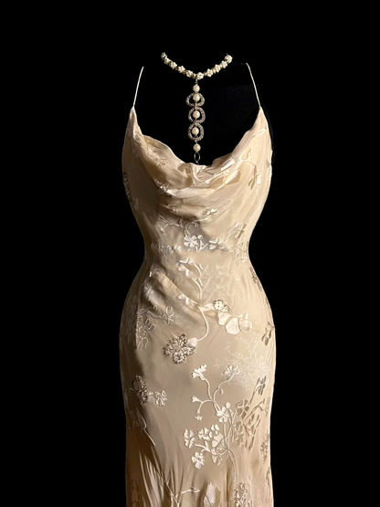 Vintage Mermaid Spaghetti Straps Champagne Lace Long Prom Dress Party Dress Graduation Dresses DP2048