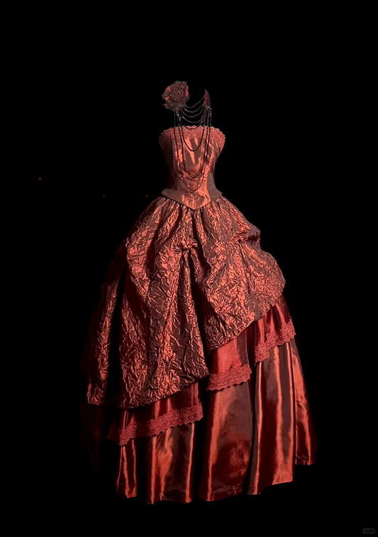 Modest Ball Gown Strapless Burgundy Floral Long Prom Dress Party Dress Graduation Dresses Sweet 16 Dress DP2049