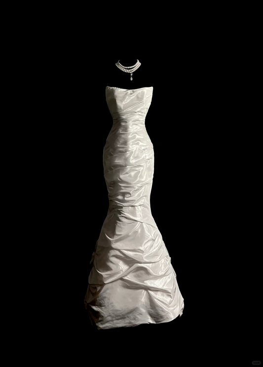 Vintage Wedding Dress Mermaid Strapless Ivory Taffeta Long Wedding Dresses Retro 1970s Bridal Gowns DP2056