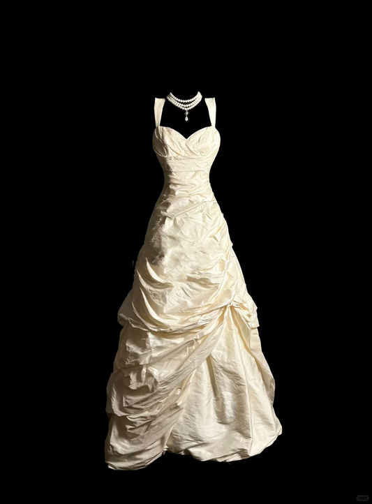 Vintage Wedding Dress Ball Gown Sweetheart Ivory Taffeta Long Wedding Dresses Retro 1970s Bridal Gowns DP2057