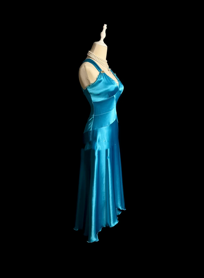 Vintage A line Straps Blue Satin Prom Dress Party Dress Graduation Dresses DP2058