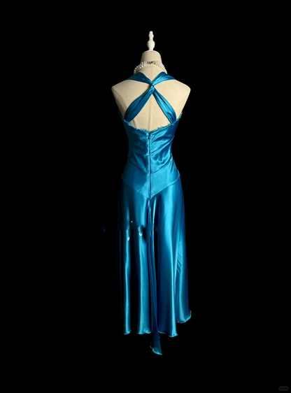 Vintage A line Straps Blue Satin Prom Dress Party Dress Graduation Dresses DP2058