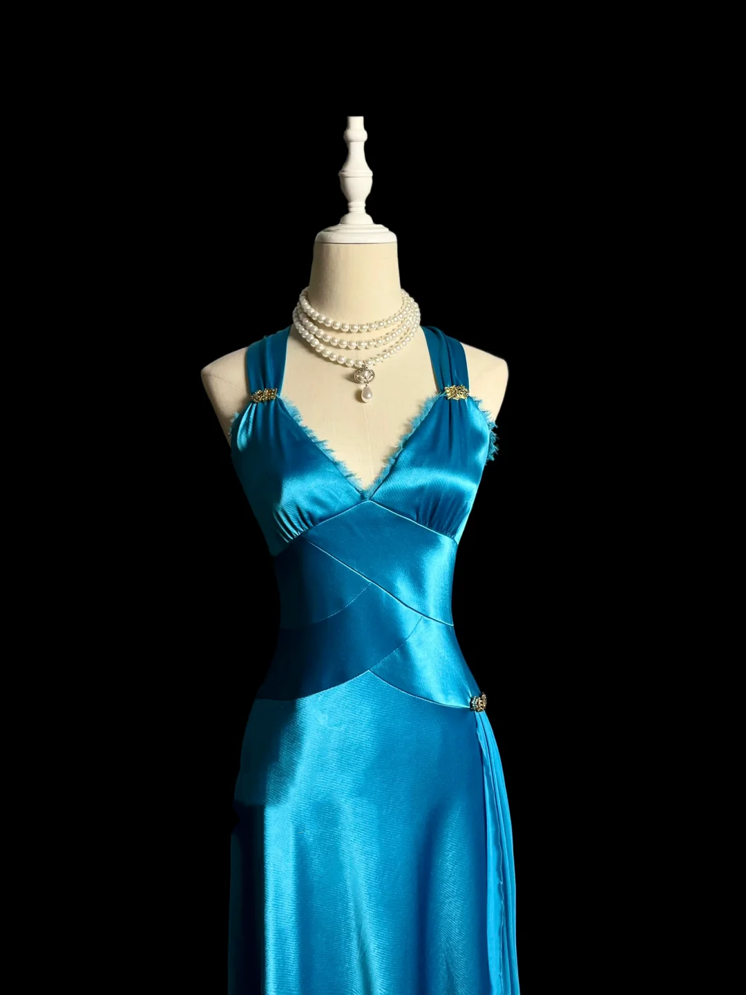 Vintage A line Straps Blue Satin Prom Dress Party Dress Graduation Dresses DP2058