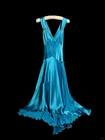 Vintage A line Straps Blue Satin Prom Dress Party Dress Graduation Dresses DP2058