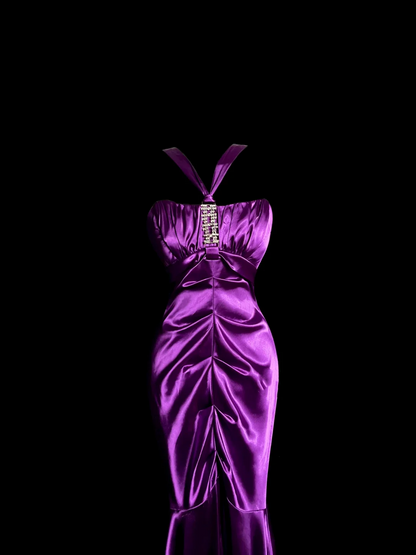 Vintage Mermaid Halter Satin Grape Satin Pleated Long Prom Dress Party Dress Graduation Dresses DP2059