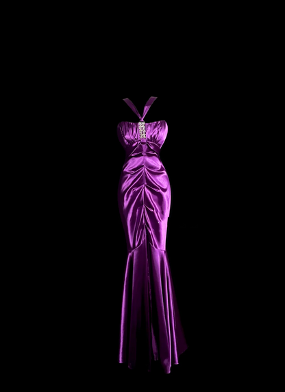 Vintage Mermaid Halter Satin Grape Satin Pleated Long Prom Dress Party Dress Graduation Dresses DP2059