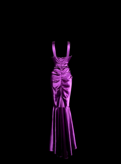 Vintage Mermaid Halter Satin Grape Satin Pleated Long Prom Dress Party Dress Graduation Dresses DP2059