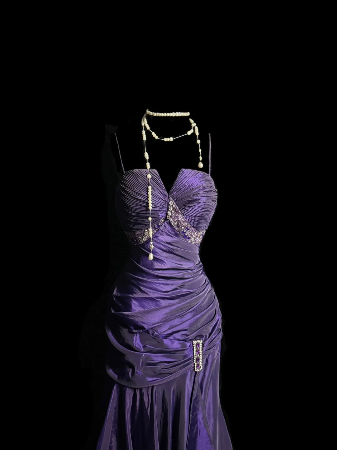 Vintage Mermaid Spaghetti Straps Taffeta Grape Pleated Long Prom Dress Party Dress Graduation Dresses DP2063