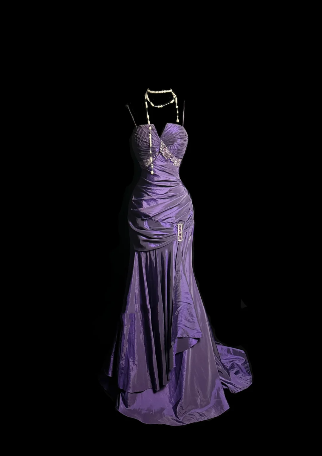 Vintage Mermaid Spaghetti Straps Taffeta Grape Pleated Long Prom Dress Party Dress Graduation Dresses DP2063