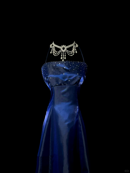 Retro A line Halter Royal Blue Satin Beaded 18th Birthday Dress Prom Dress Birthday Outfits For Women DP2069