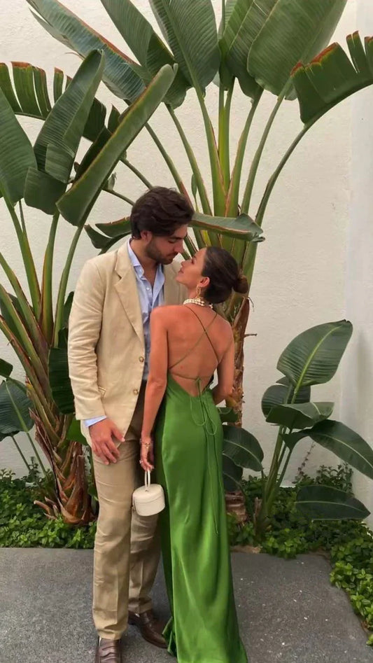Green Simple Elegant Backless Lace Up Long Satin Prom Dress Evening Dress Party Dress Wedding Guest Dress gh3587