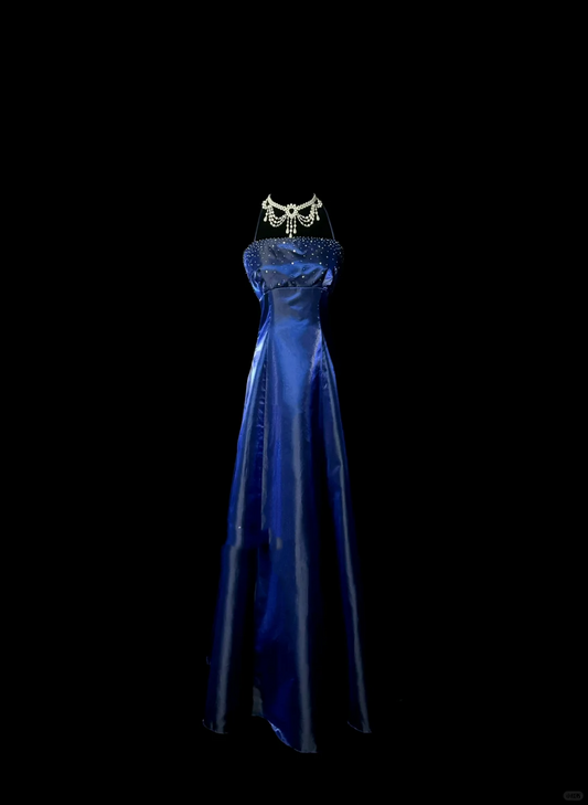 Retro A line Halter Royal Blue Satin Beaded 18th Birthday Dress Prom Dress Birthday Outfits For Women DP2069