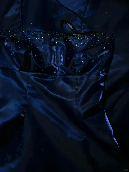 Retro A line Halter Royal Blue Satin Beaded 18th Birthday Dress Prom Dress Birthday Outfits For Women DP2069