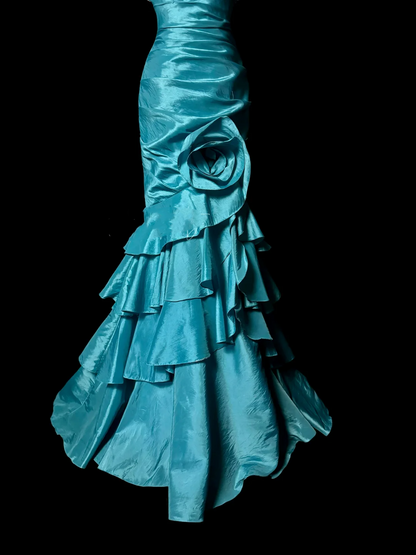 Retro Mermaid Strapless Blue Taffeta Beaded 20th Birthday Dress Long Prom Dress Birthday Outfits For Women DP2076