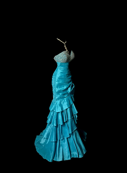 Retro Mermaid Strapless Blue Taffeta Beaded 20th Birthday Dress Long Prom Dress Birthday Outfits For Women DP2076