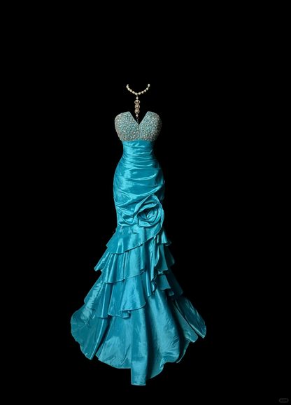 Retro Mermaid Strapless Blue Taffeta Beaded 20th Birthday Dress Long Prom Dress Birthday Outfits For Women DP2076