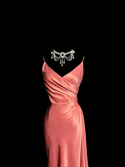 Vintage Mermaid Spaghetti Straps Pink Satin Long Prom Dress Party Dress Graduation Dresses DP2077