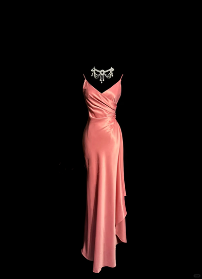 Vintage Mermaid Spaghetti Straps Pink Satin Long Prom Dress Party Dress Graduation Dresses DP2077