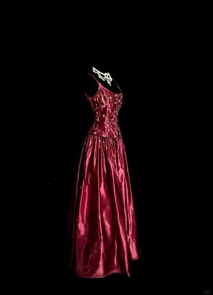 Vintage A line Straps Burgundy Satin Long Prom Dress Party Dress Graduation Dresses DP2078