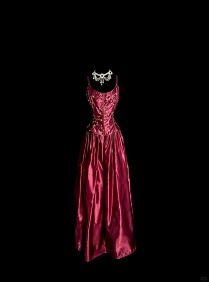 Vintage A line Straps Burgundy Satin Long Prom Dress Party Dress Graduation Dresses DP2078