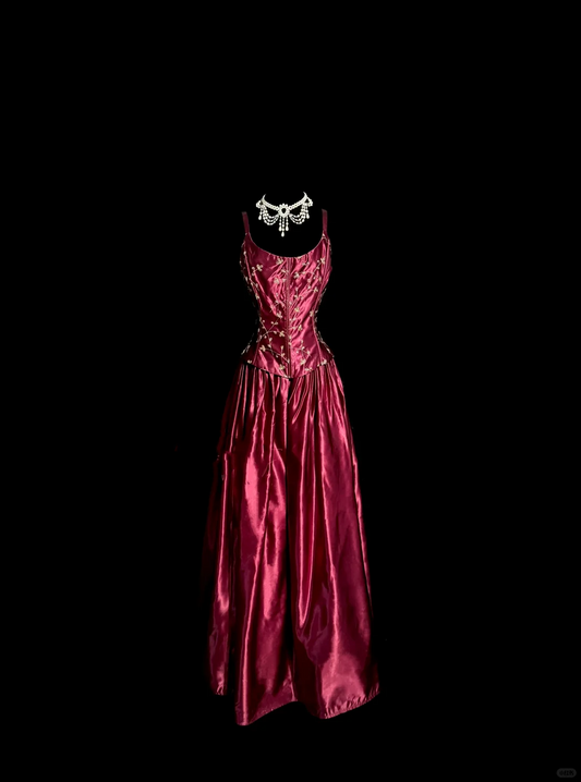 Vintage A line Straps Burgundy Satin Long Prom Dress Party Dress Graduation Dresses DP2078