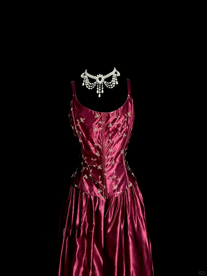 Vintage A line Straps Burgundy Satin Long Prom Dress Party Dress Graduation Dresses DP2078