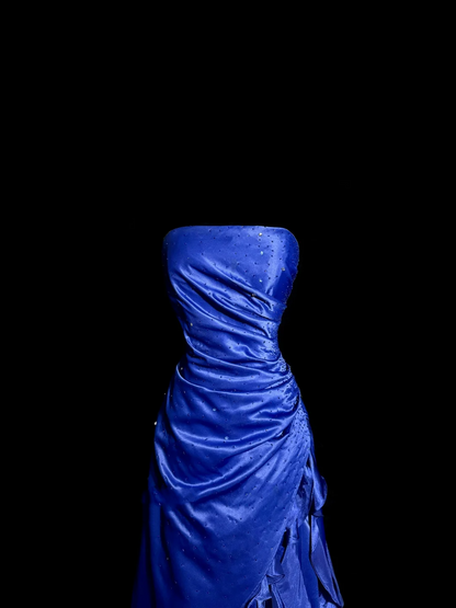 Vintage Ball Gown Strapless Royal Blue Satin Beaded Long Prom Dress Party Dress Graduation Dresses DP2081