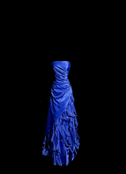 Vintage Ball Gown Strapless Royal Blue Satin Beaded Long Prom Dress Party Dress Graduation Dresses DP2081