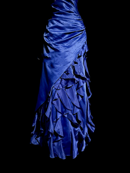 Vintage Ball Gown Strapless Royal Blue Satin Beaded Long Prom Dress Party Dress Graduation Dresses DP2081